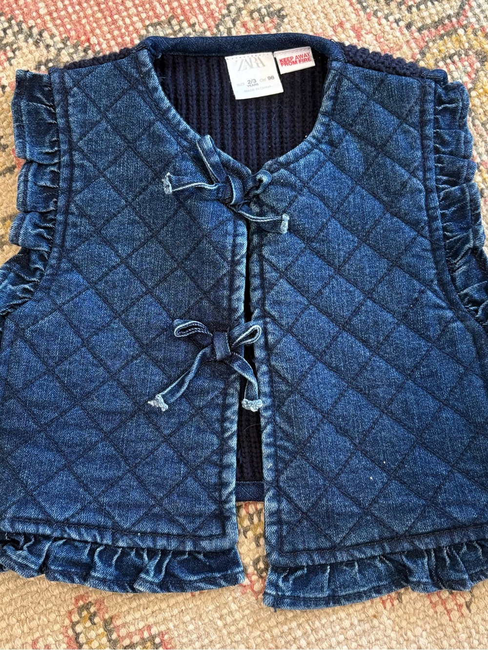Zara 2/3 Years Girls Quilted Denim Vest in Dark Blue with Ruffle Trim